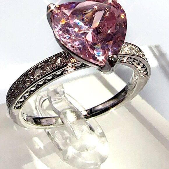 Heart Cut Pink Cubic Zirconia Ring With Accents In Silver Tone 10 - Picture 2 of 9